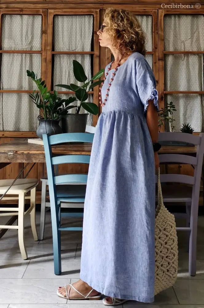 Disponibile in preordine Abito con maniche in lino azzurro abito donna
