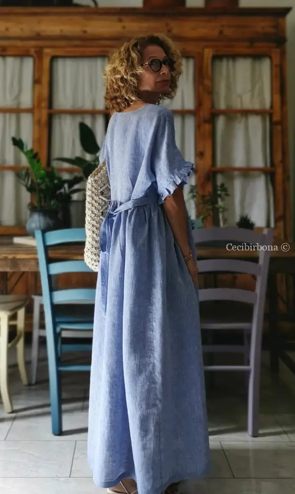 Disponibile in preordine Abito con maniche in lino azzurro abito donna