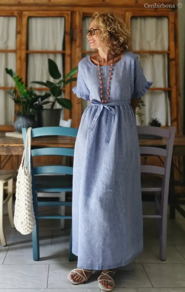 Disponibile in preordine Abito con maniche in lino azzurro abito donna