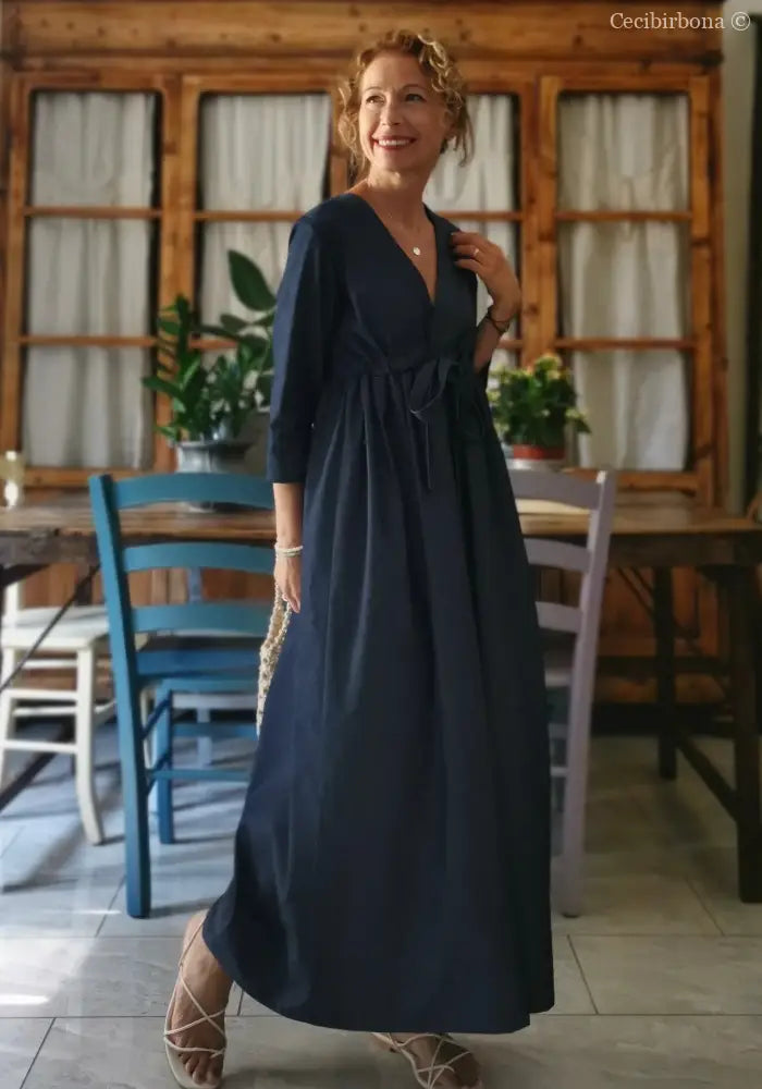 DISPONIBILE IN PREORDINE Abito estivo con maniche in chambray blu scuro abito donna