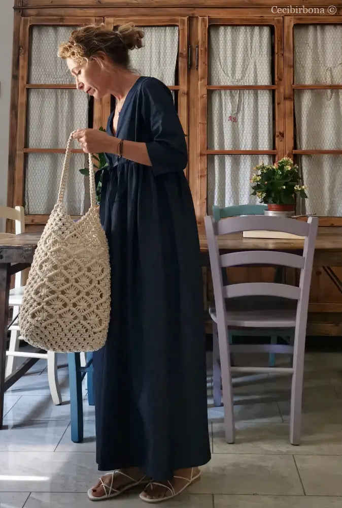 DISPONIBILE IN PREORDINE Abito estivo con maniche in chambray blu scuro abito donna