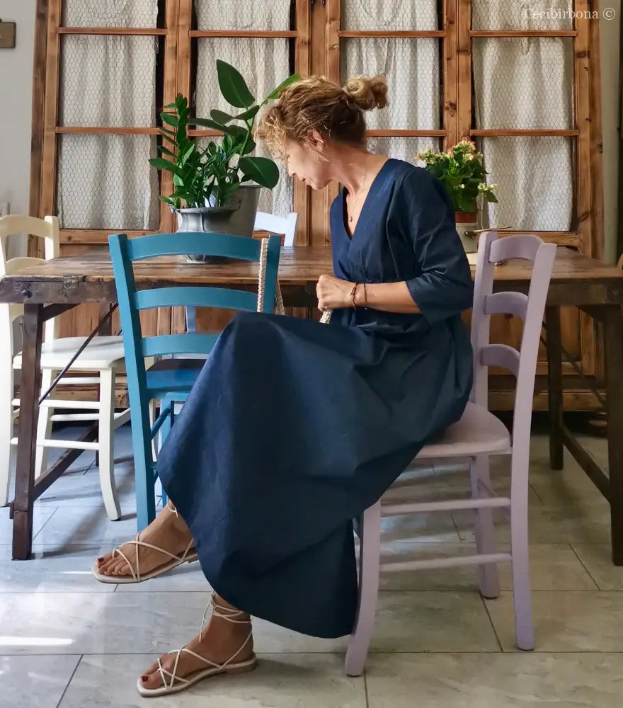 DISPONIBILE IN PREORDINE Abito estivo con maniche in chambray blu scuro abito donna