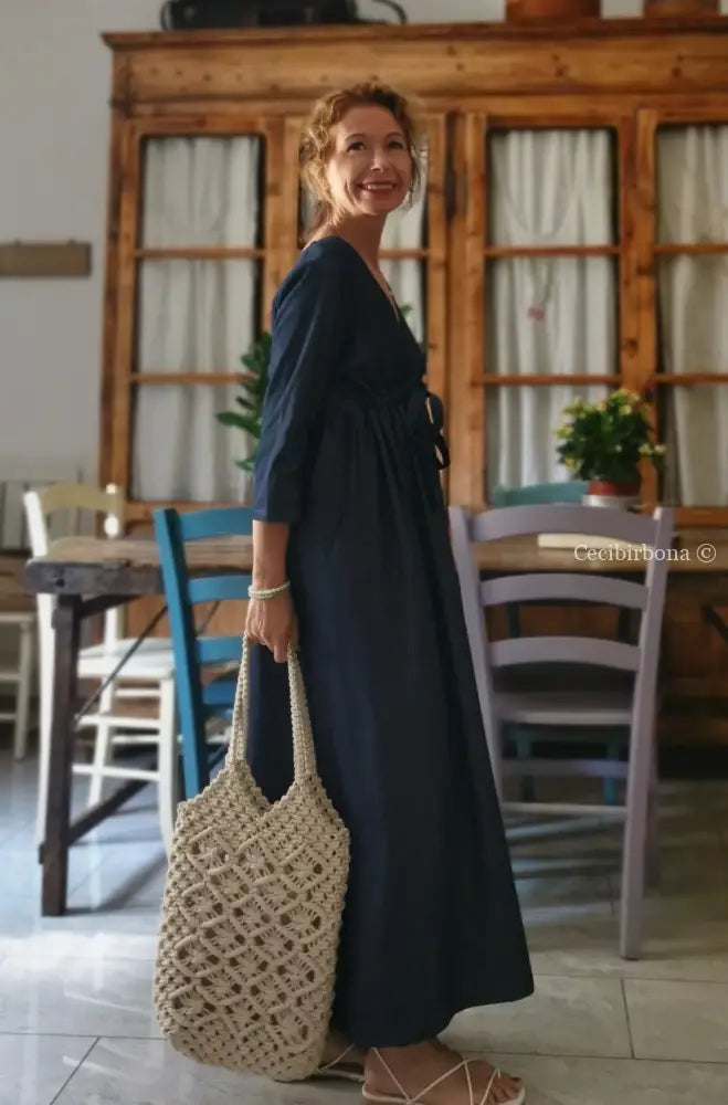 DISPONIBILE IN PREORDINE Abito estivo con maniche in chambray blu scuro abito donna