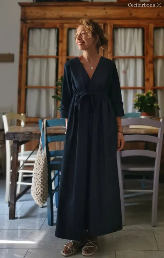 DISPONIBILE IN PREORDINE Abito estivo con maniche in chambray blu scuro abito donna