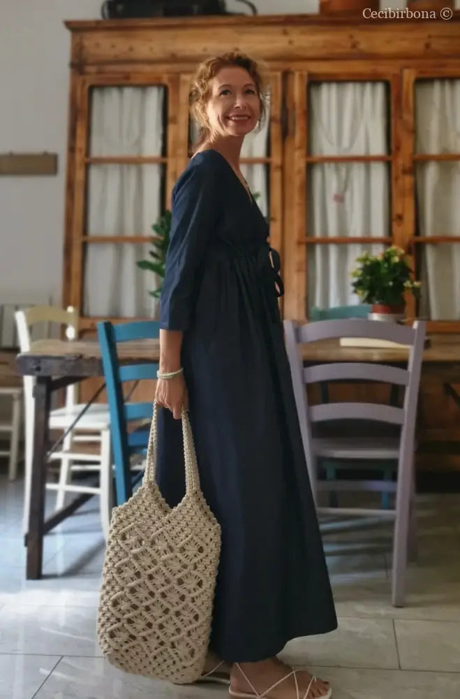 DISPONIBILE IN PREORDINE Abito estivo con maniche in chambray blu scuro abito donna