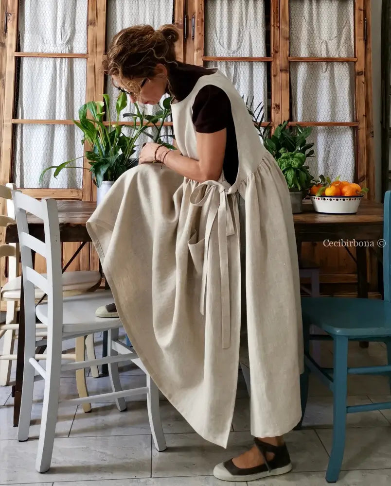 DISPONIBILE IN PREORDINE Grembiule abito in lino grezzo beige (Ref. 82) grembiule donna tessuti moderni