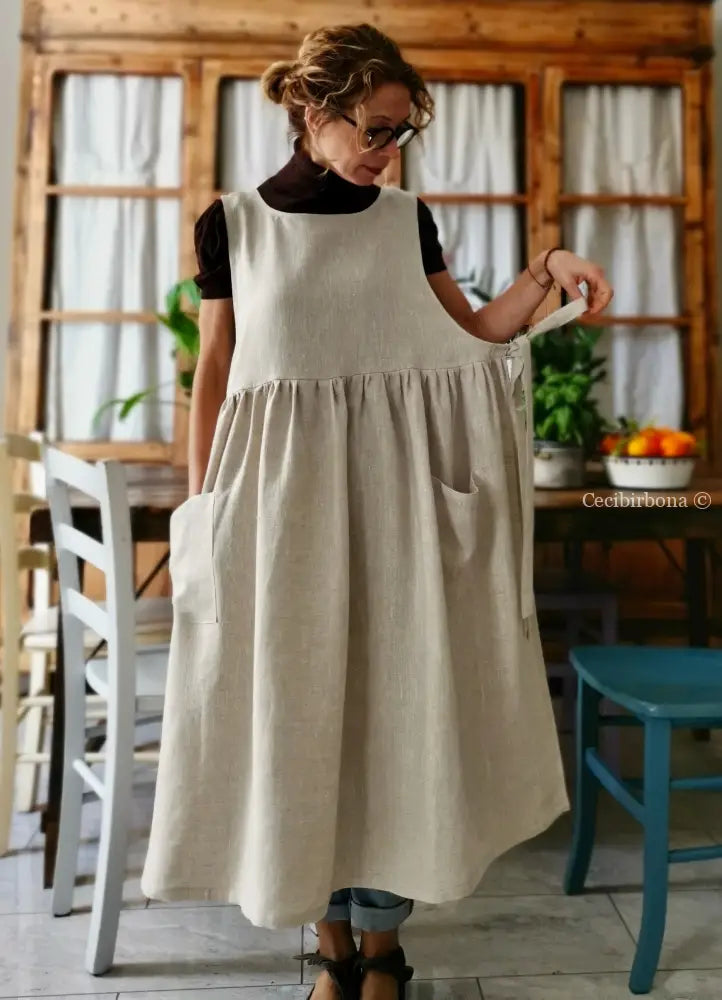 DISPONIBILE IN PREORDINE Grembiule abito in lino grezzo beige (Ref. 82) grembiule donna tessuti moderni
