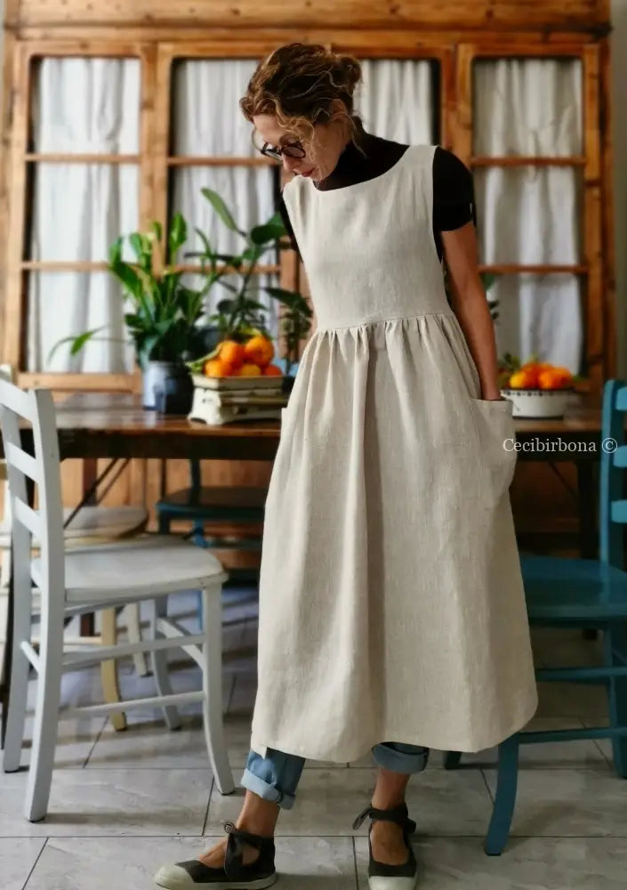 DISPONIBILE IN PREORDINE Grembiule abito in lino grezzo beige (Ref. 82) grembiule donna tessuti moderni