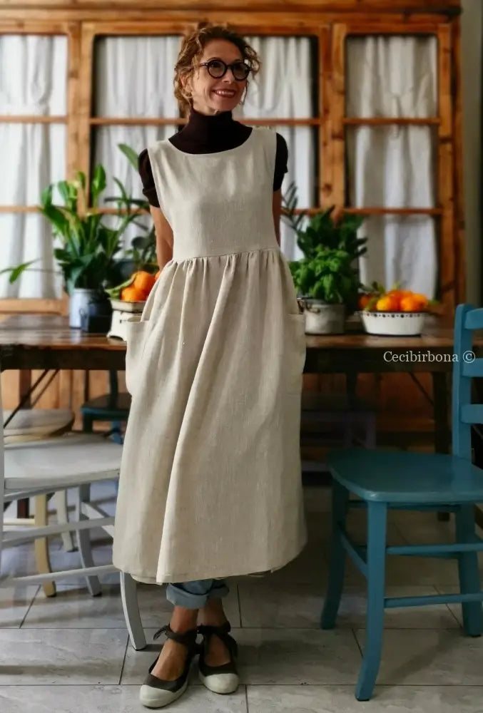 DISPONIBILE IN PREORDINE Grembiule abito in lino grezzo beige (Ref. 82) grembiule donna tessuti moderni