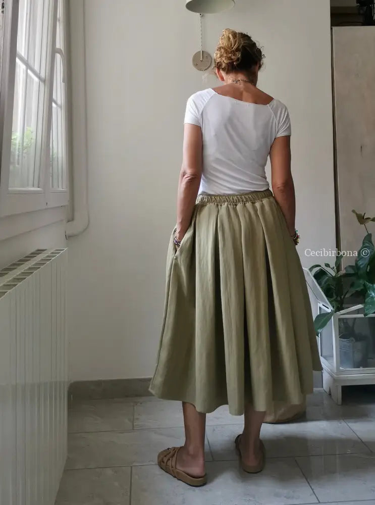 Gonna a pieghe in cotone beige con cinturino elastico gonna donna