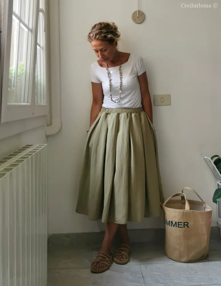 Gonna a pieghe in cotone beige con cinturino elastico gonna donna