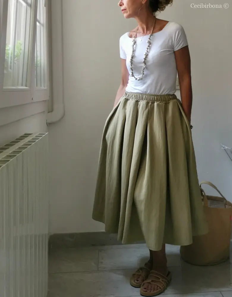 Gonna a pieghe in cotone beige con cinturino elastico gonna donna