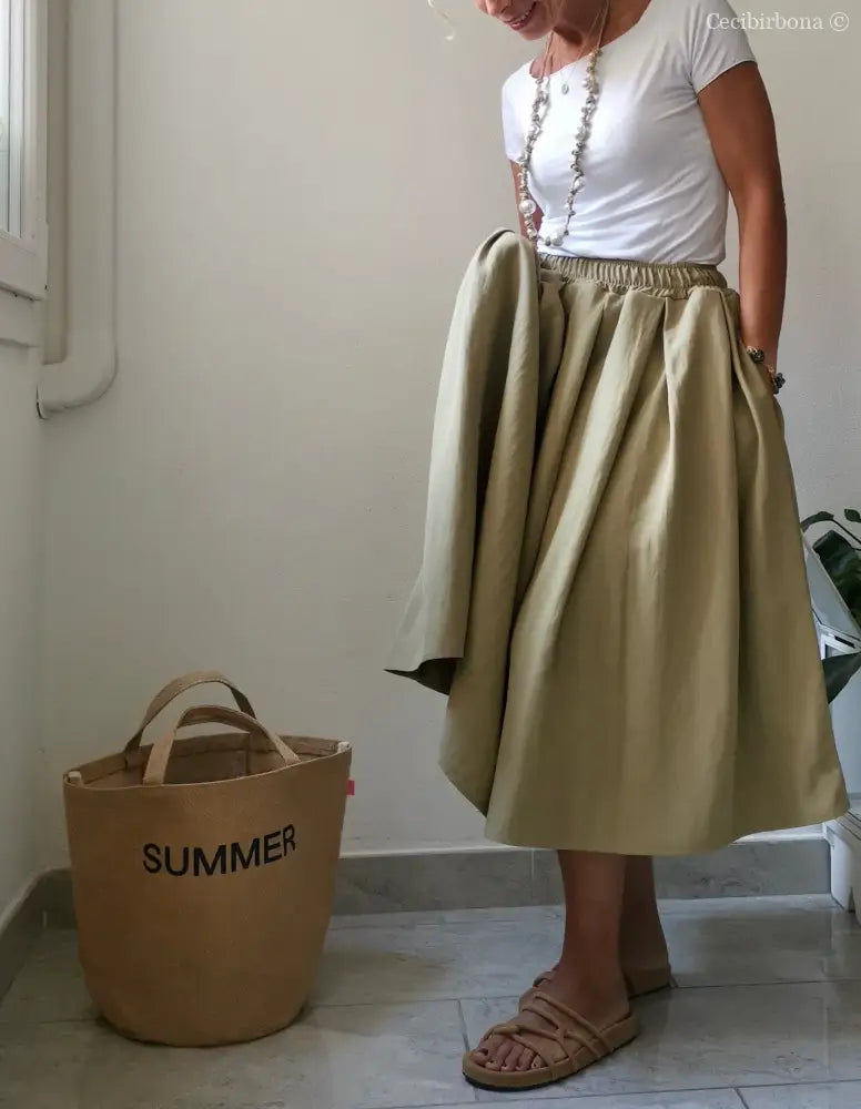 Gonna a pieghe in cotone beige con cinturino elastico gonna donna