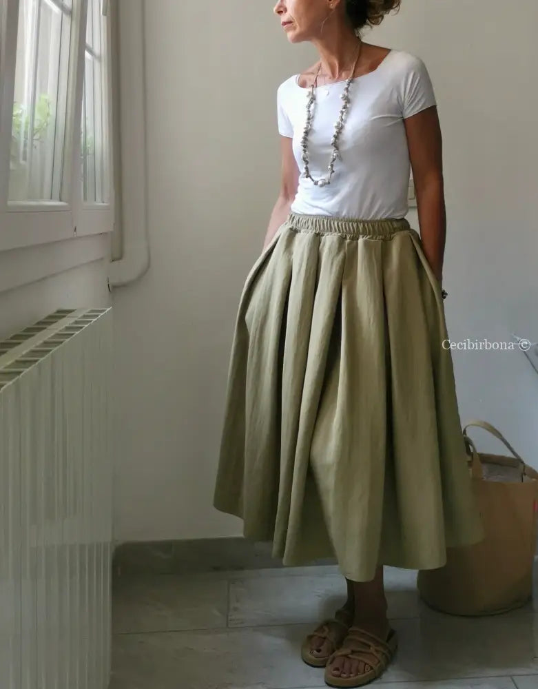 Gonna a pieghe in cotone beige con cinturino elastico gonna donna