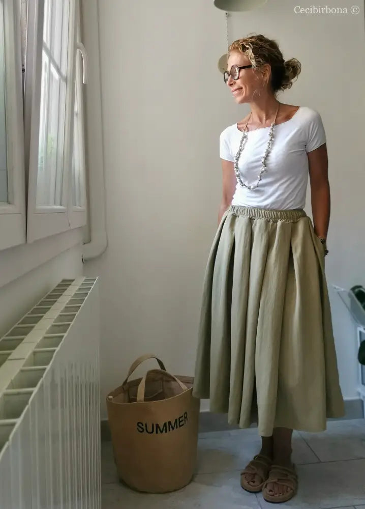 Gonna a pieghe in cotone beige con cinturino elastico gonna donna