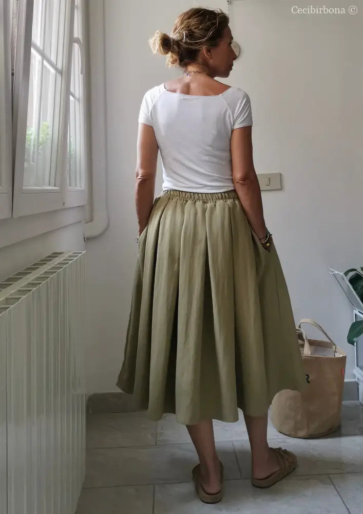 Gonna a pieghe in cotone beige con cinturino elastico gonna donna