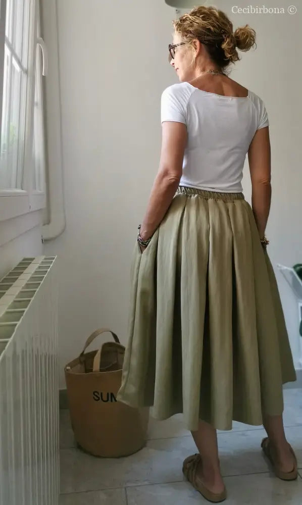 Gonna a pieghe in cotone beige con cinturino elastico gonna donna