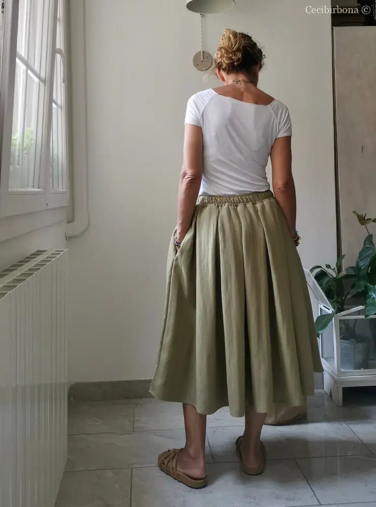 Gonna a pieghe in cotone beige con cinturino elastico gonna donna