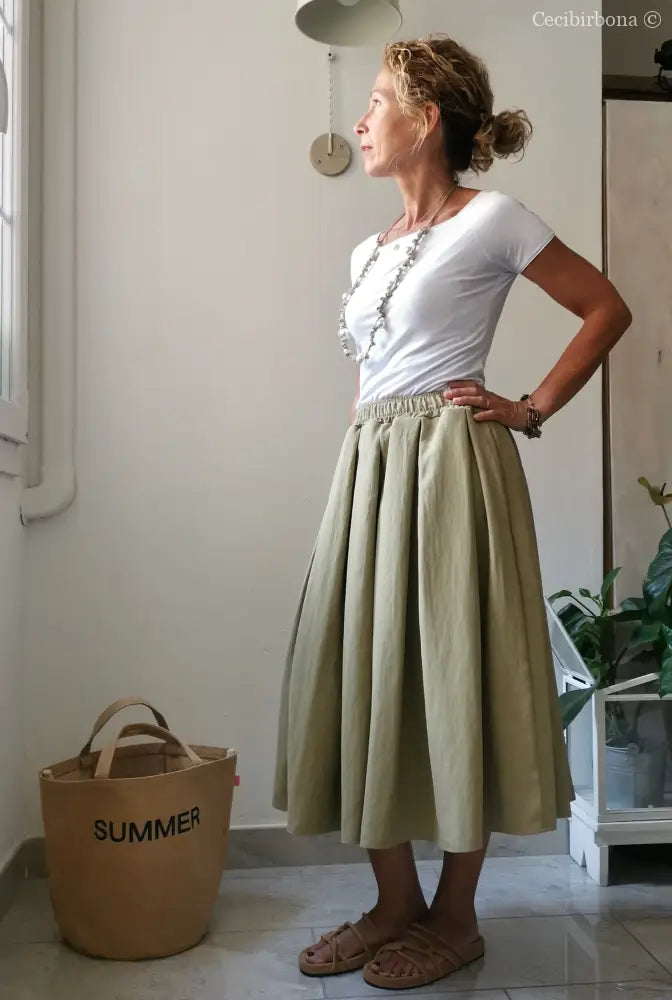 Gonna a pieghe in cotone beige con cinturino elastico gonna donna