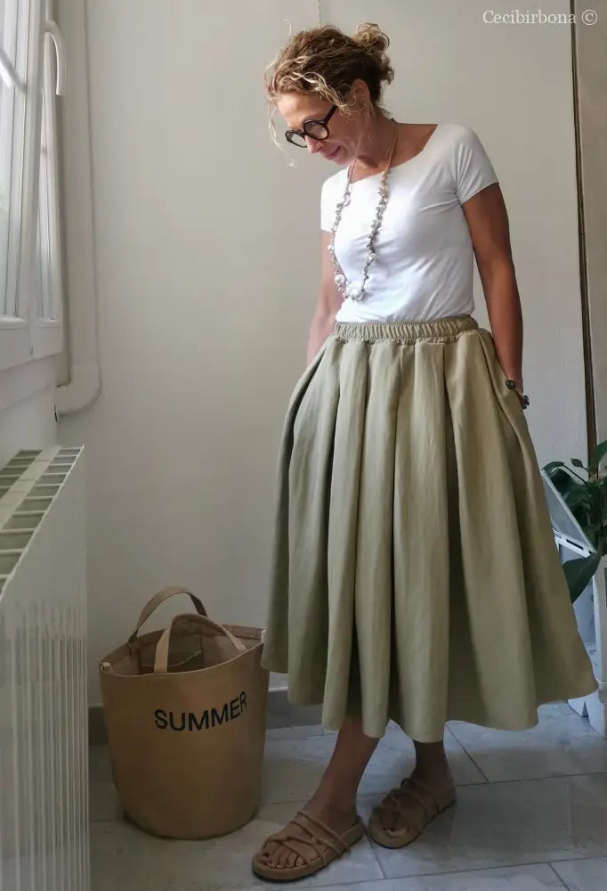 Gonna a pieghe in cotone beige con cinturino elastico gonna donna