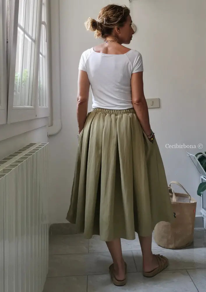 Gonna a pieghe in cotone beige con cinturino elastico gonna donna
