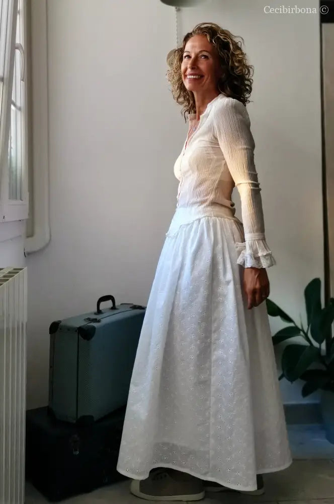 Gonna estiva lunga in sangallo di cotone con cinturino elastico gonna donna