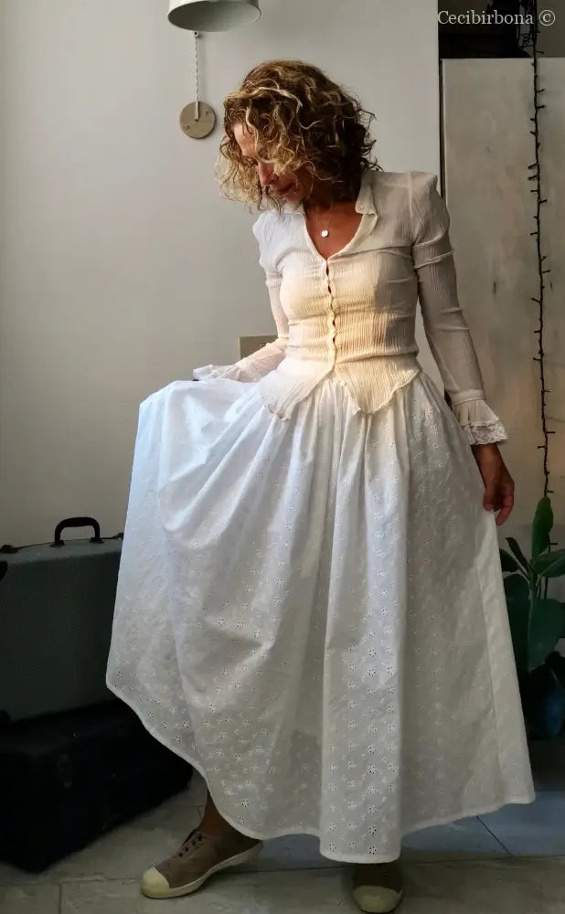 Gonna estiva lunga in sangallo di cotone con cinturino elastico gonna donna