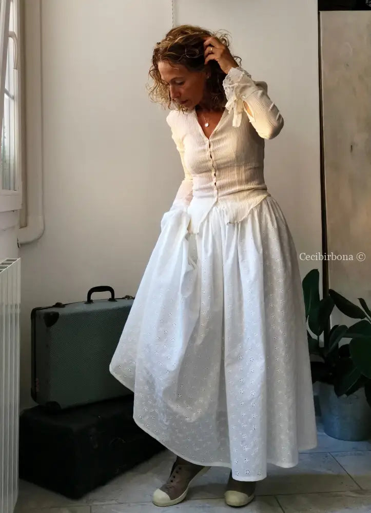 Gonna estiva lunga in sangallo di cotone con cinturino elastico gonna donna