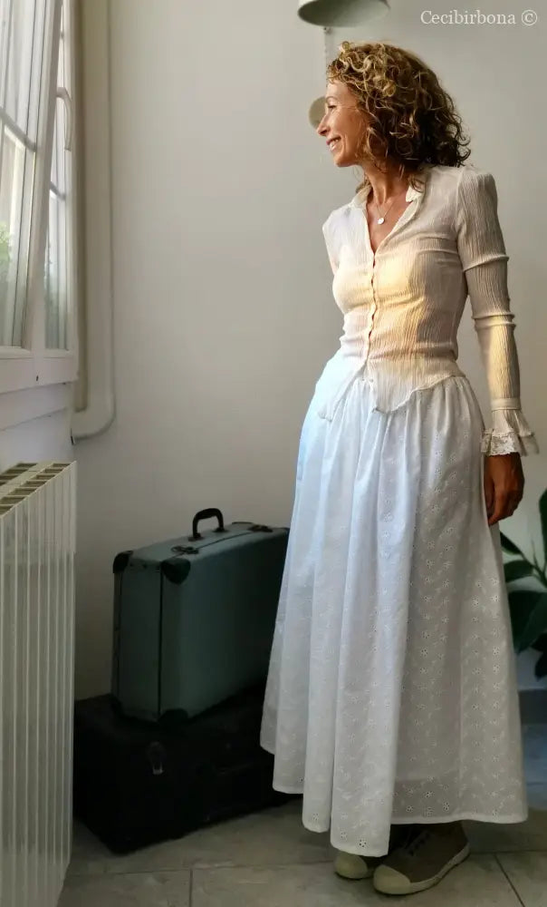 Gonna estiva lunga in sangallo di cotone con cinturino elastico gonna donna