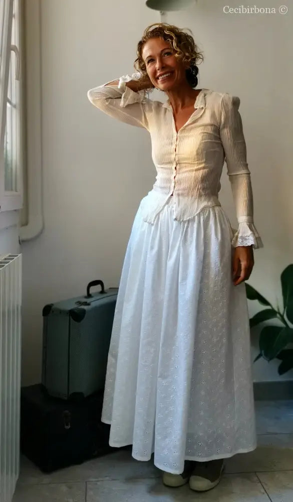 Gonna estiva lunga in sangallo di cotone con cinturino elastico gonna donna