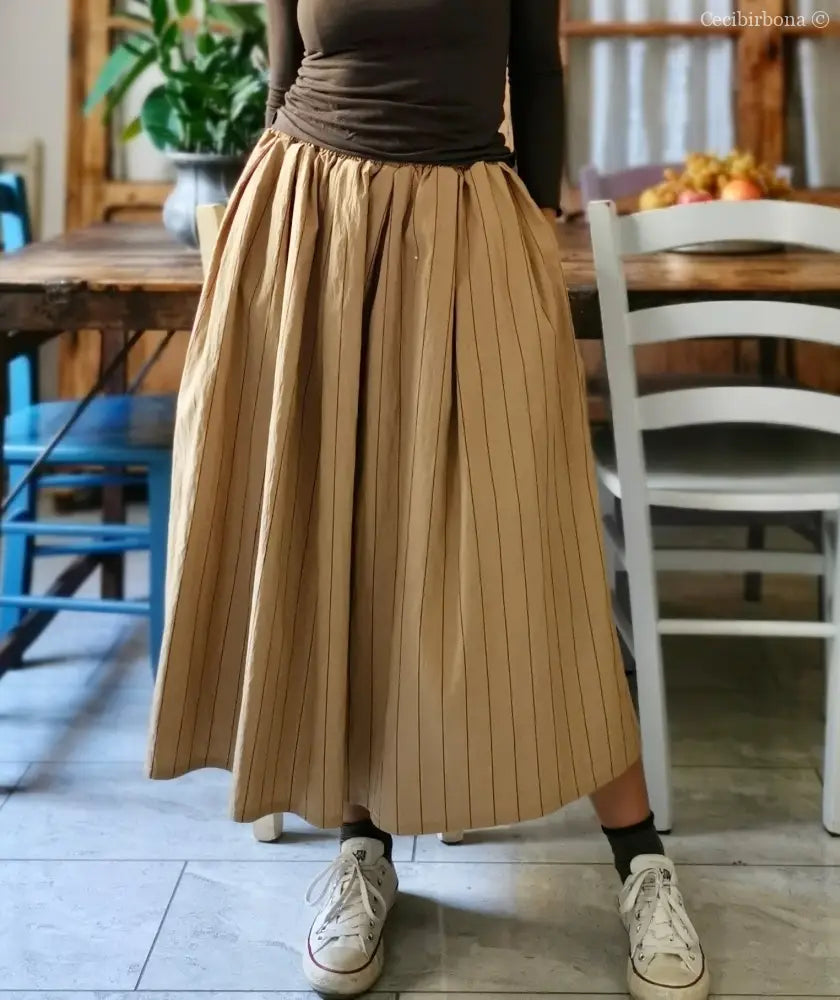 Gonna in cotone beige con cinturino elastico e tasche gonna donna