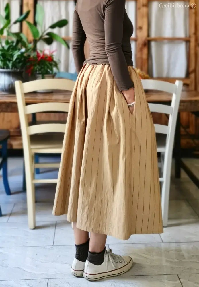 Gonna in cotone beige con cinturino elastico e tasche gonna donna