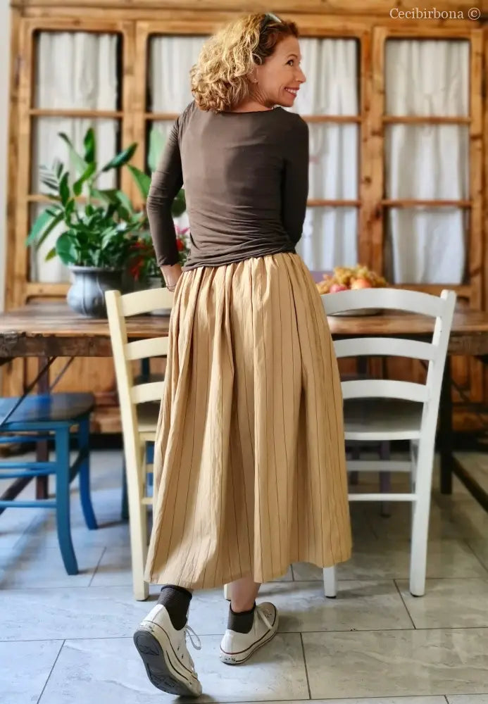 Gonna in cotone beige con cinturino elastico e tasche gonna donna