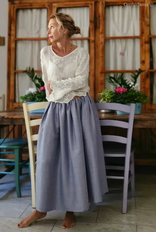 Gonna in lino celeste e nocciola con elastico e tasche nascoste (Rif. 188) abbigliamento