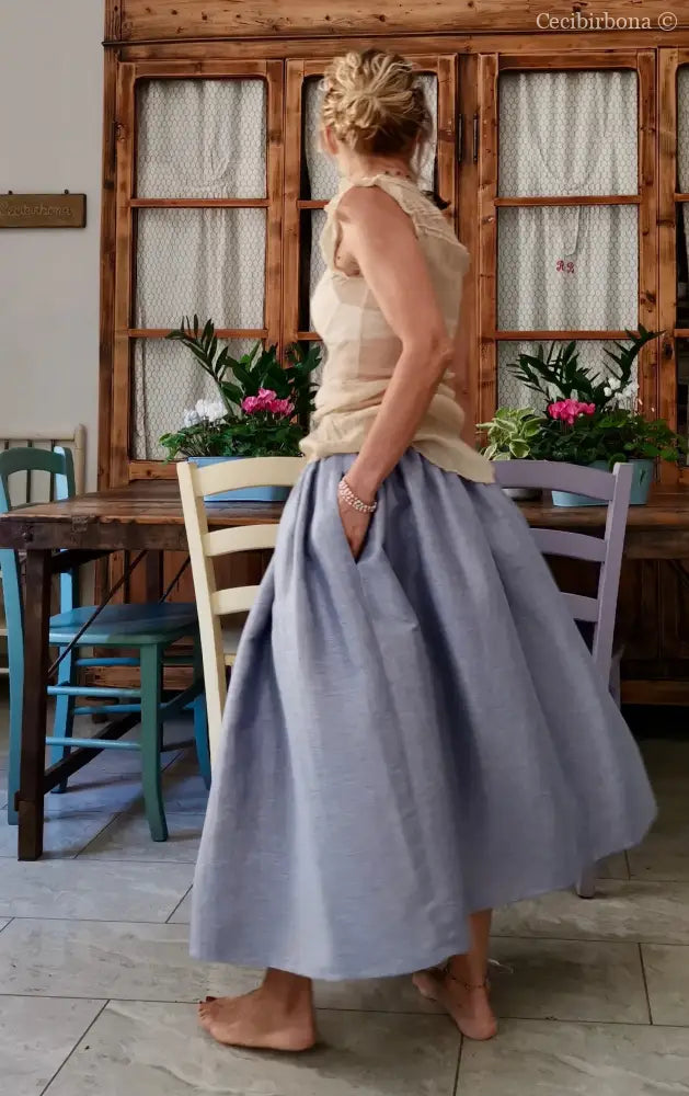 Gonna in lino celeste e nocciola con elastico e tasche nascoste (Rif. 188) abbigliamento