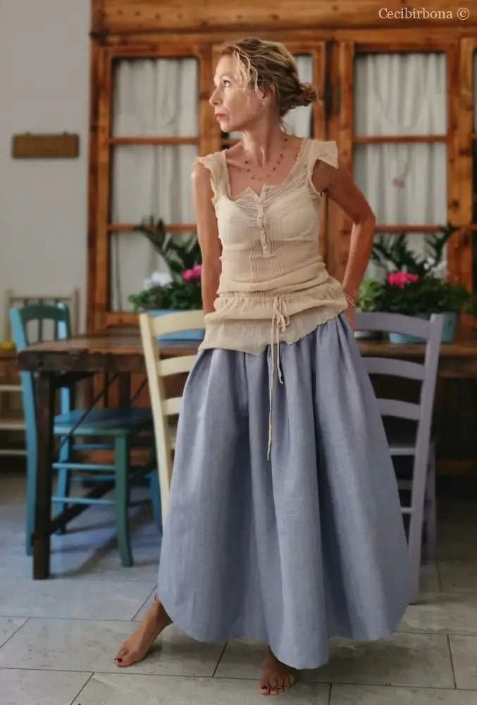 Gonna in lino celeste e nocciola con elastico e tasche nascoste (Rif. 188) abbigliamento