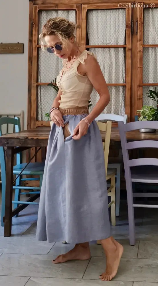 Gonna in lino celeste e nocciola con elastico e tasche nascoste (Rif. 188) abbigliamento