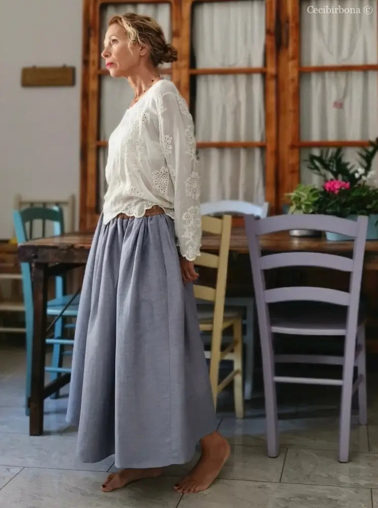 Gonna in lino celeste e nocciola con elastico e tasche nascoste (Rif. 188) abbigliamento