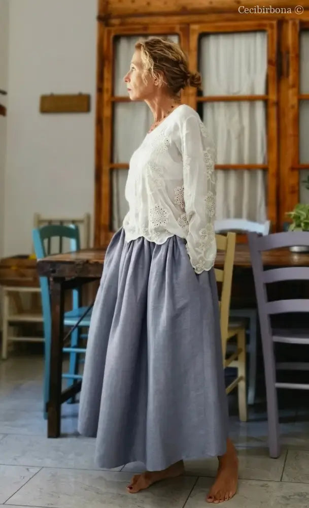 Gonna in lino celeste e nocciola con elastico e tasche nascoste (Rif. 188) abbigliamento