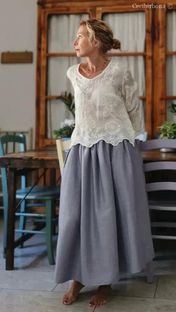 Gonna in lino celeste e nocciola con elastico e tasche nascoste (Rif. 188) abbigliamento