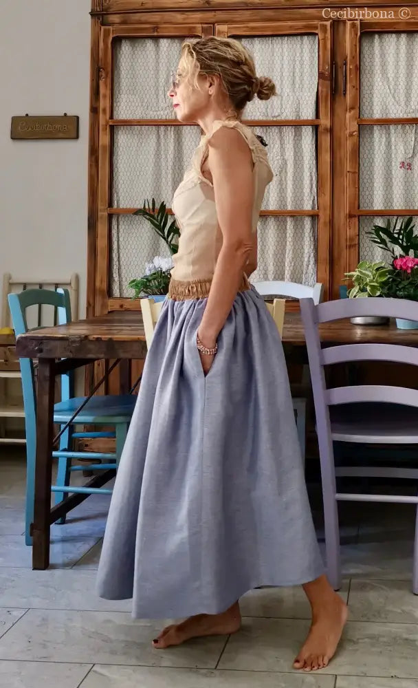 Gonna in lino celeste e nocciola con elastico e tasche nascoste (Rif. 188) abbigliamento