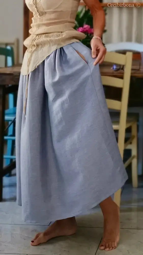 Gonna in lino celeste e nocciola con elastico e tasche nascoste (Rif. 188) abbigliamento