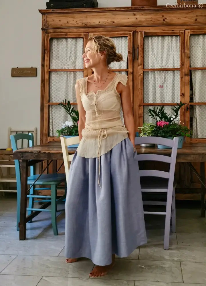 Gonna in lino celeste e nocciola con elastico e tasche nascoste (Rif. 188) abbigliamento