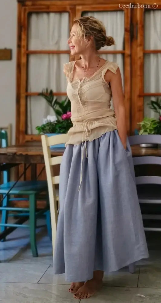 Gonna in lino celeste e nocciola con elastico e tasche nascoste (Rif. 188) abbigliamento