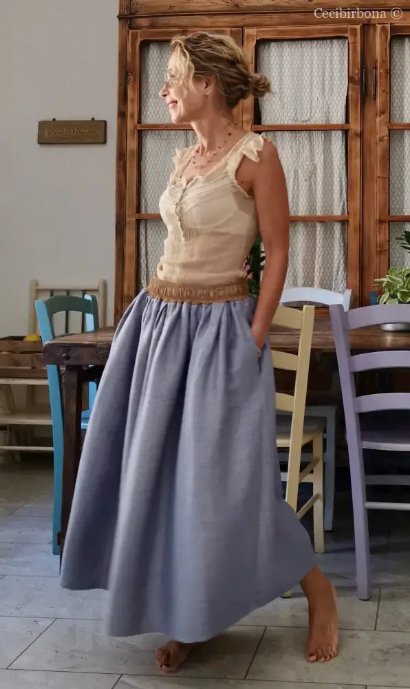 Gonna in lino celeste e nocciola con elastico e tasche nascoste (Rif. 188) abbigliamento