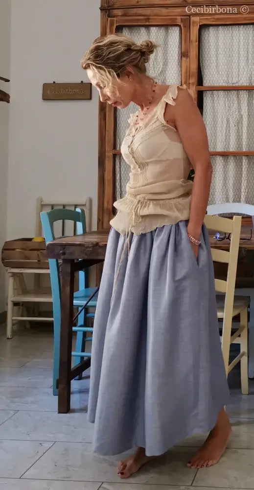 Gonna in lino celeste e nocciola con elastico e tasche nascoste (Rif. 188) abbigliamento