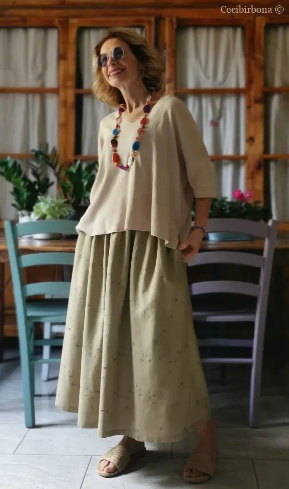 Gonna in lino ricamato con elastico e tasche (Ref. 303) gonna donna