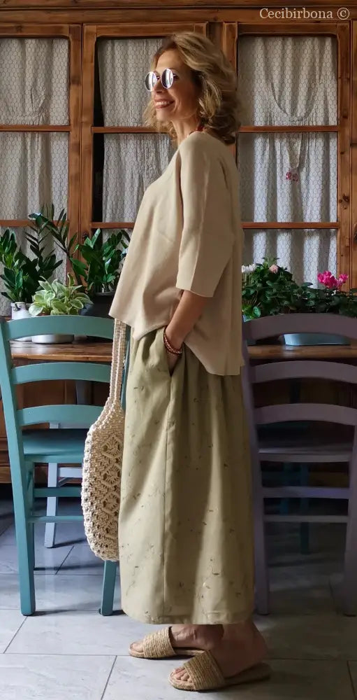 Gonna in lino ricamato con elastico e tasche (Ref. 303) gonna donna