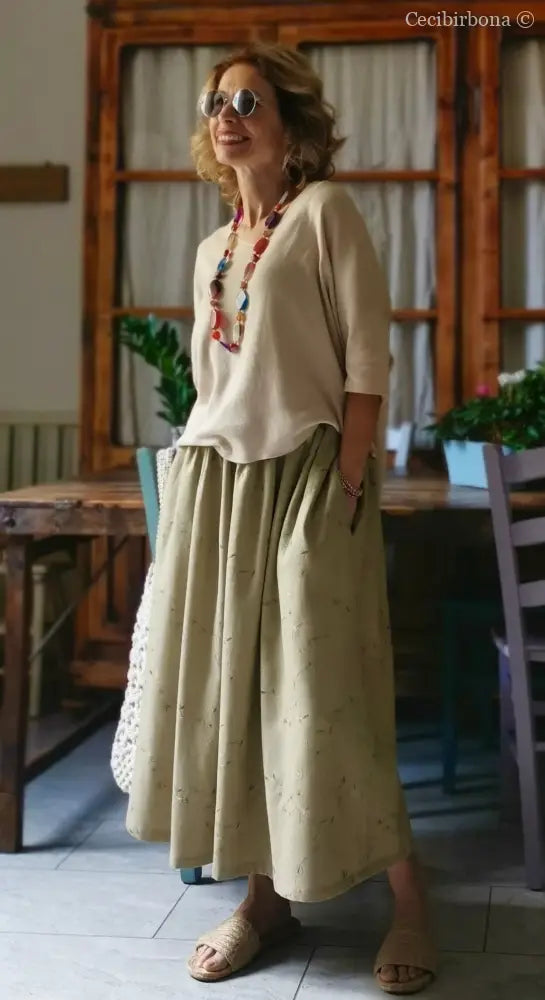 Gonna in lino ricamato con elastico e tasche (Ref. 303) gonna donna