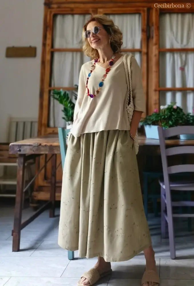 Gonna in lino ricamato con elastico e tasche (Ref. 303) gonna donna